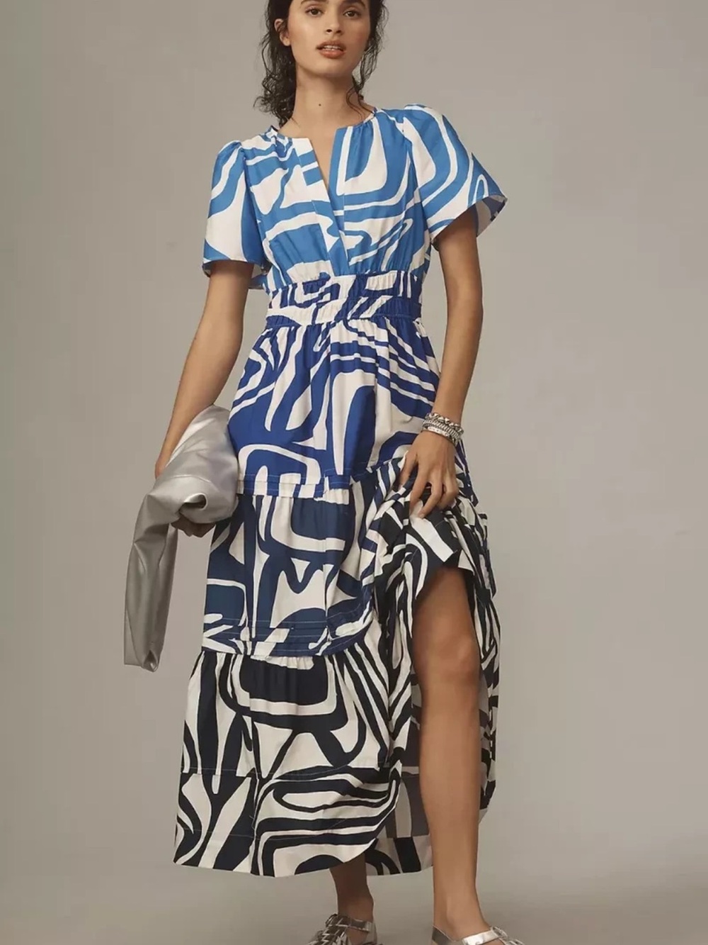 Anthropologie Somerset Slate Blue & White Abstract Tiered Maxi Dress